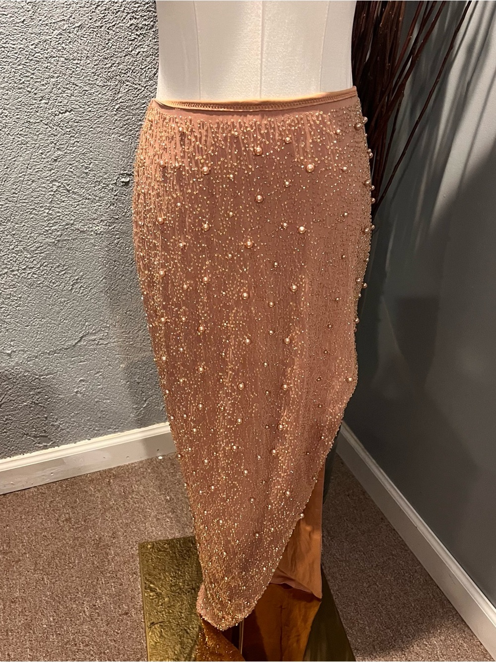 🌸NWT OH POLLY BORDEAUX BEIGE BEADED MAXI SKIRT SIZE 6🌸 - Picture 2 of 7
